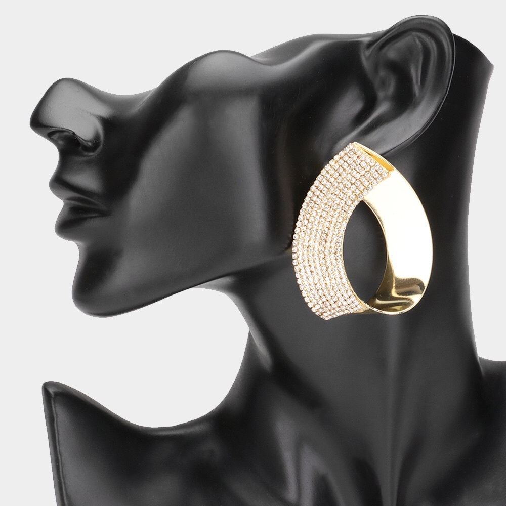 Gold Half Rhinestone Paved Metal Statement Earrings